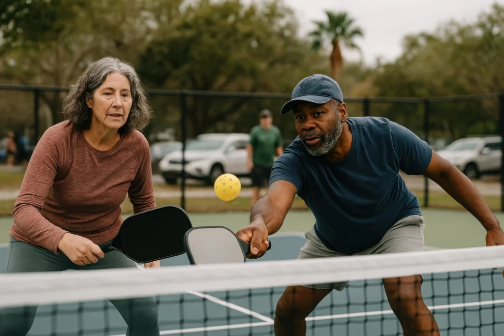 active seniors playing pickleball